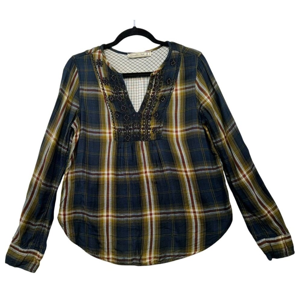 Abercrombie & Fitch Womens Plaid Long Sleeve Top S  Navy/Yellow